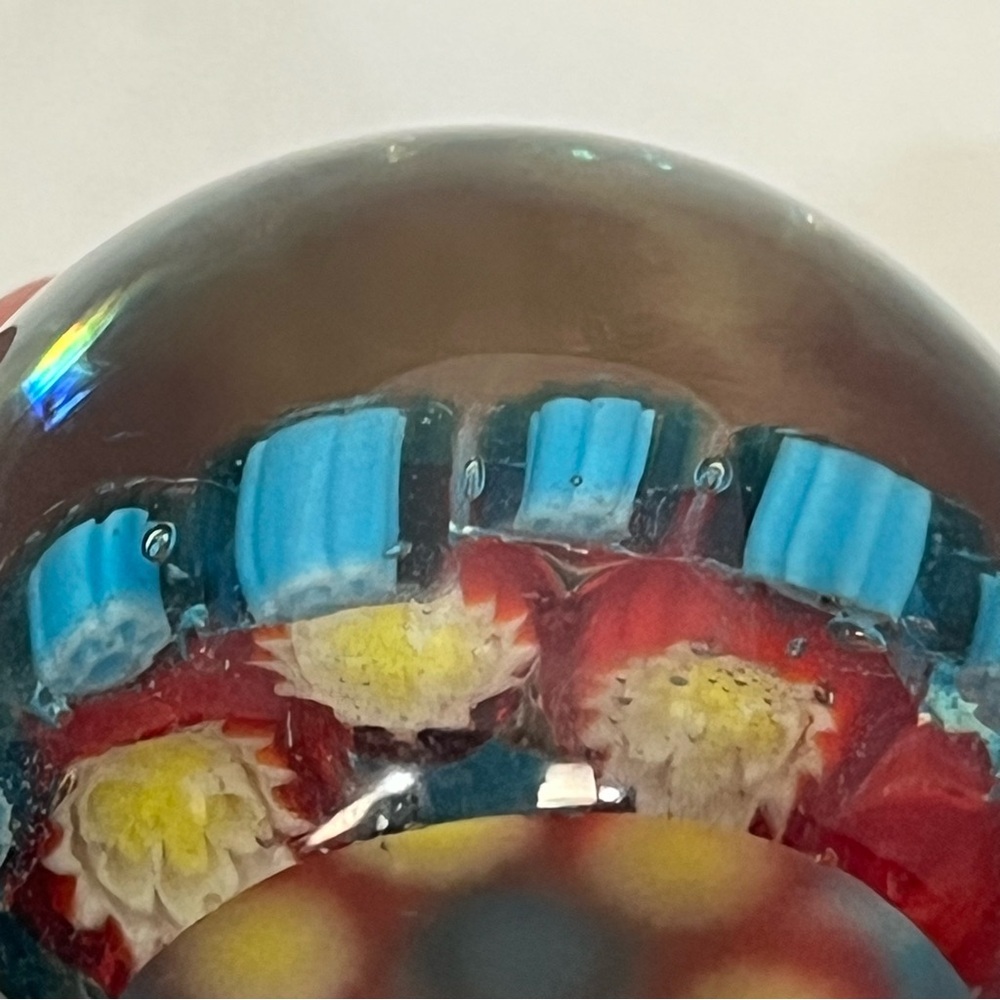 Small Vintage Art Glass Millefiori Murano Style Paperweight Red Blue Yellow - Picture 10 of 14